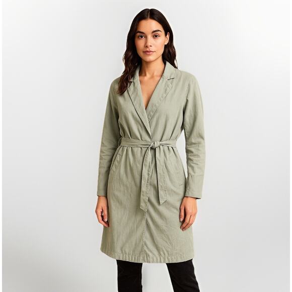 H&M Modal Lightweight Trench Coat Sz M Green Tie Waist Wrap Long Length Unlined - Picture 1 of 11